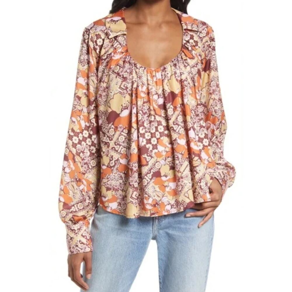Free People Top Womens XS Satin Warm Tone Floral Print U-Neck Collared Blouse
